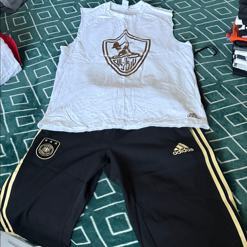 Adidas White Graphic Tank and Black Track Pants